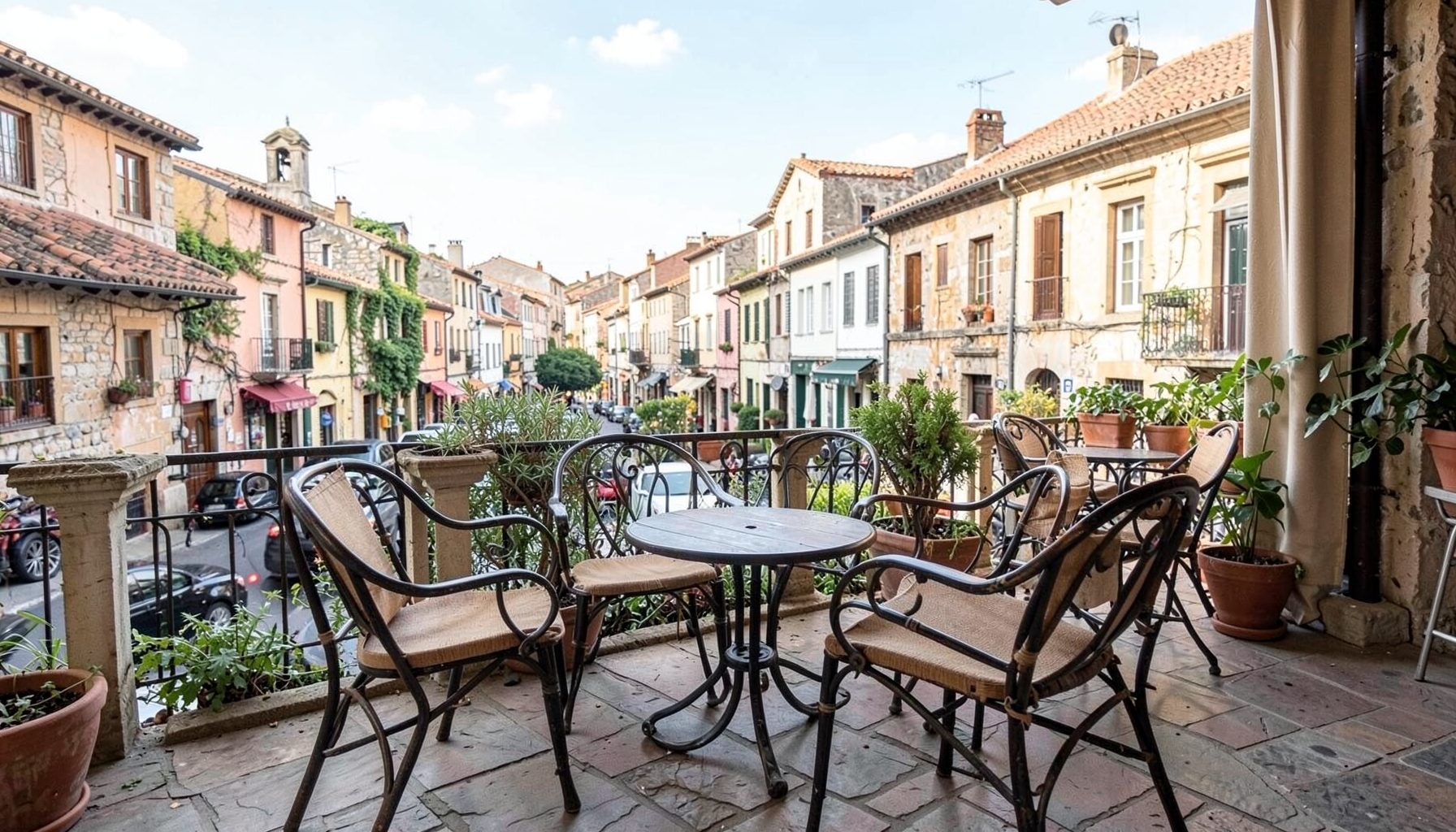 Outdoor patio seating area with chairs and small tables overlooking a charming Old Town streetscape
