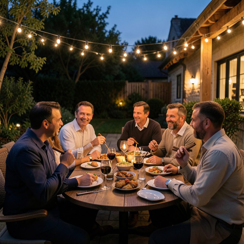 Evening gathering on the patio with string lights, cigars, and food, warm and festive mood