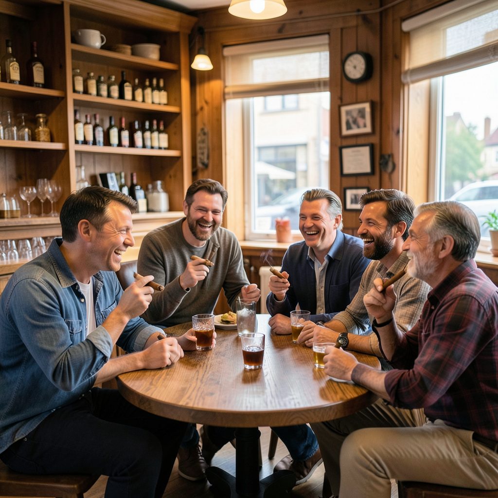 Friendly gathering inside the shop with people enjoying cigars, relaxed and convivial atmosphere