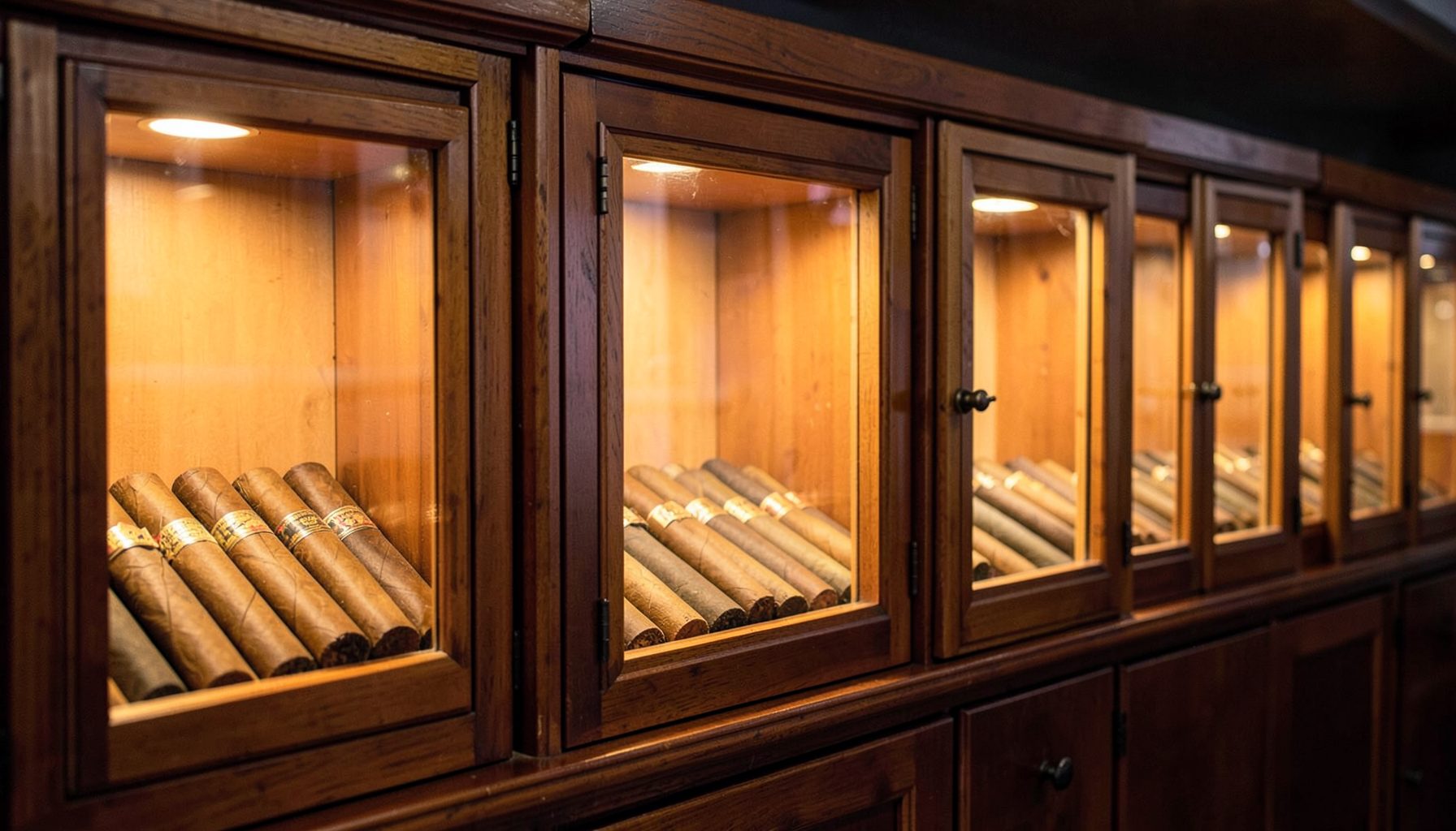 Rows of wooden cigar humidors with glass fronts displaying neatly arranged cigars in warm interior light