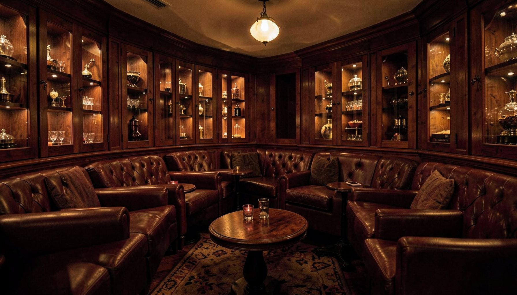 A warm, dimly lit cigar lounge interior with leather seating, wooden humidors lining the walls, and soft amber lighting creating a cozy, inviting atmosphere