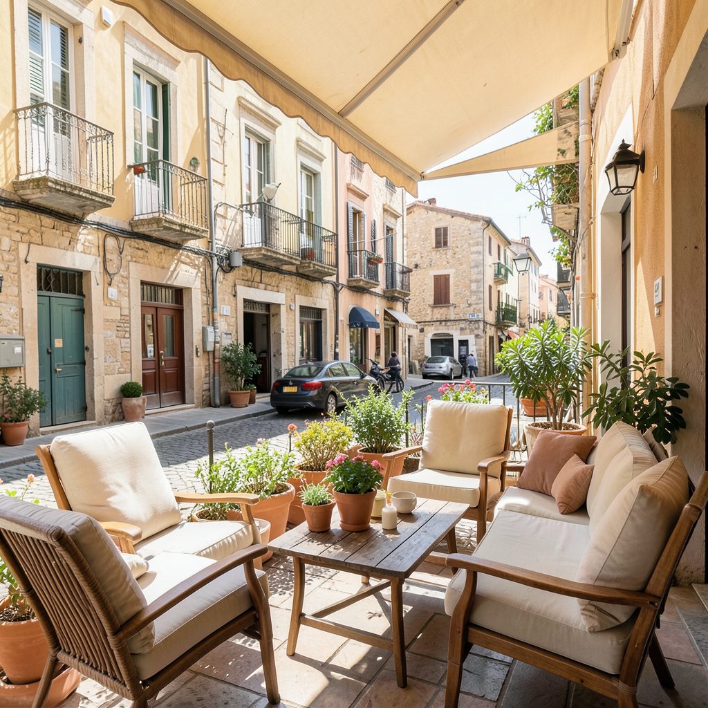 Sunny outdoor patio with casual seating overlooking a charming historic street scene