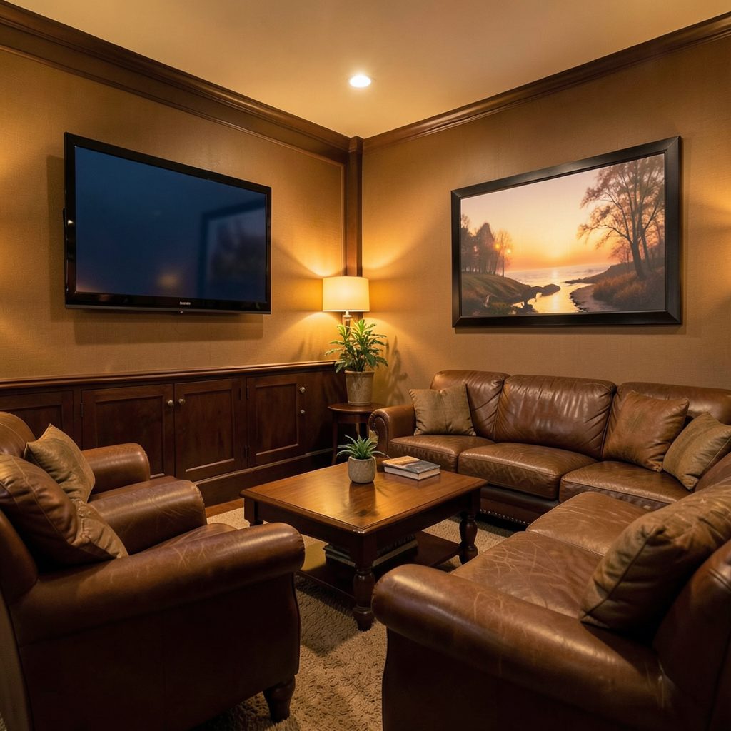 Cozy indoor lounge area with leather seating and a large flat-screen TV on the wall, warm amber lighting
