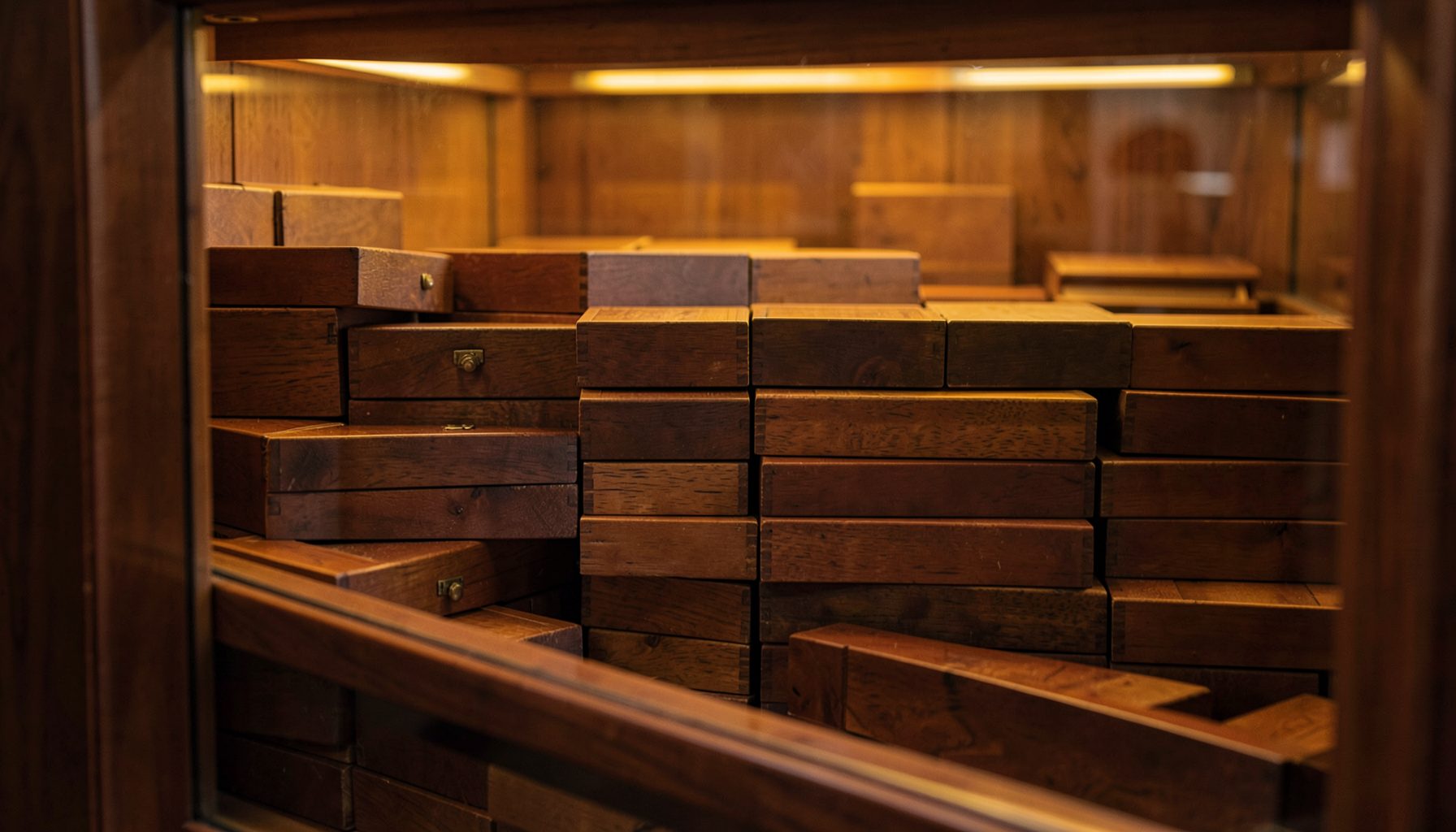 Rows of rich brown wooden cigar boxes stacked inside a walk-in humidor, with warm cedar tones and soft interior lighting