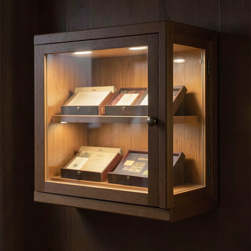 Wall-mounted humidors with glass doors displaying neatly arranged cigar boxes, warm wood and soft lighting