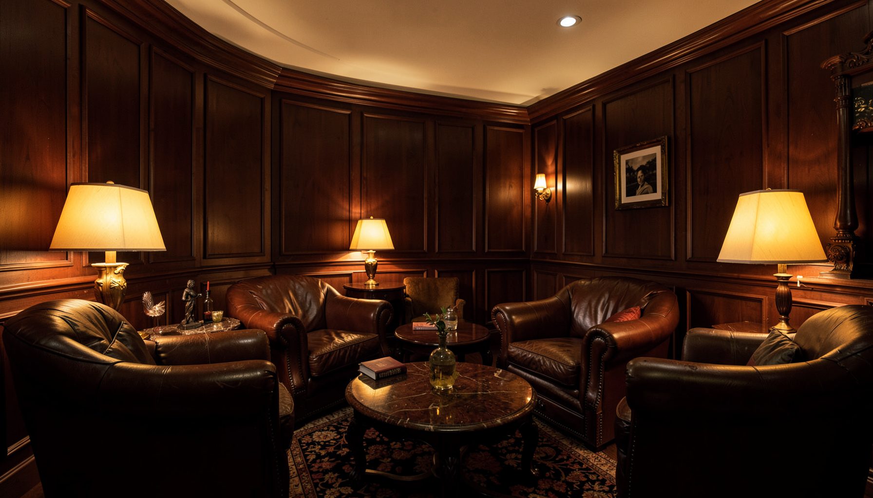 A warmly lit cigar lounge interior with leather armchairs, dark wood paneling, and soft amber glow from table lamps, creating an inviting living-room atmosphere.
