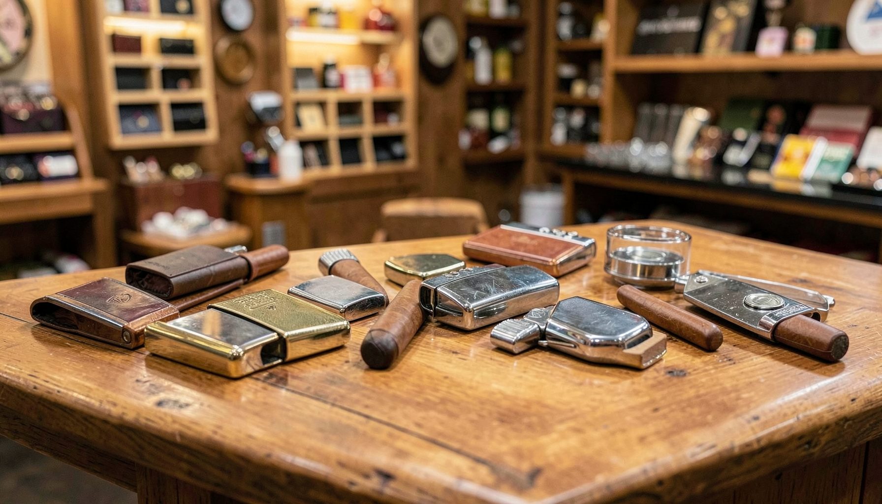 A wooden countertop display of cigar accessories including lighters, cutters, and punches in a shop setting
