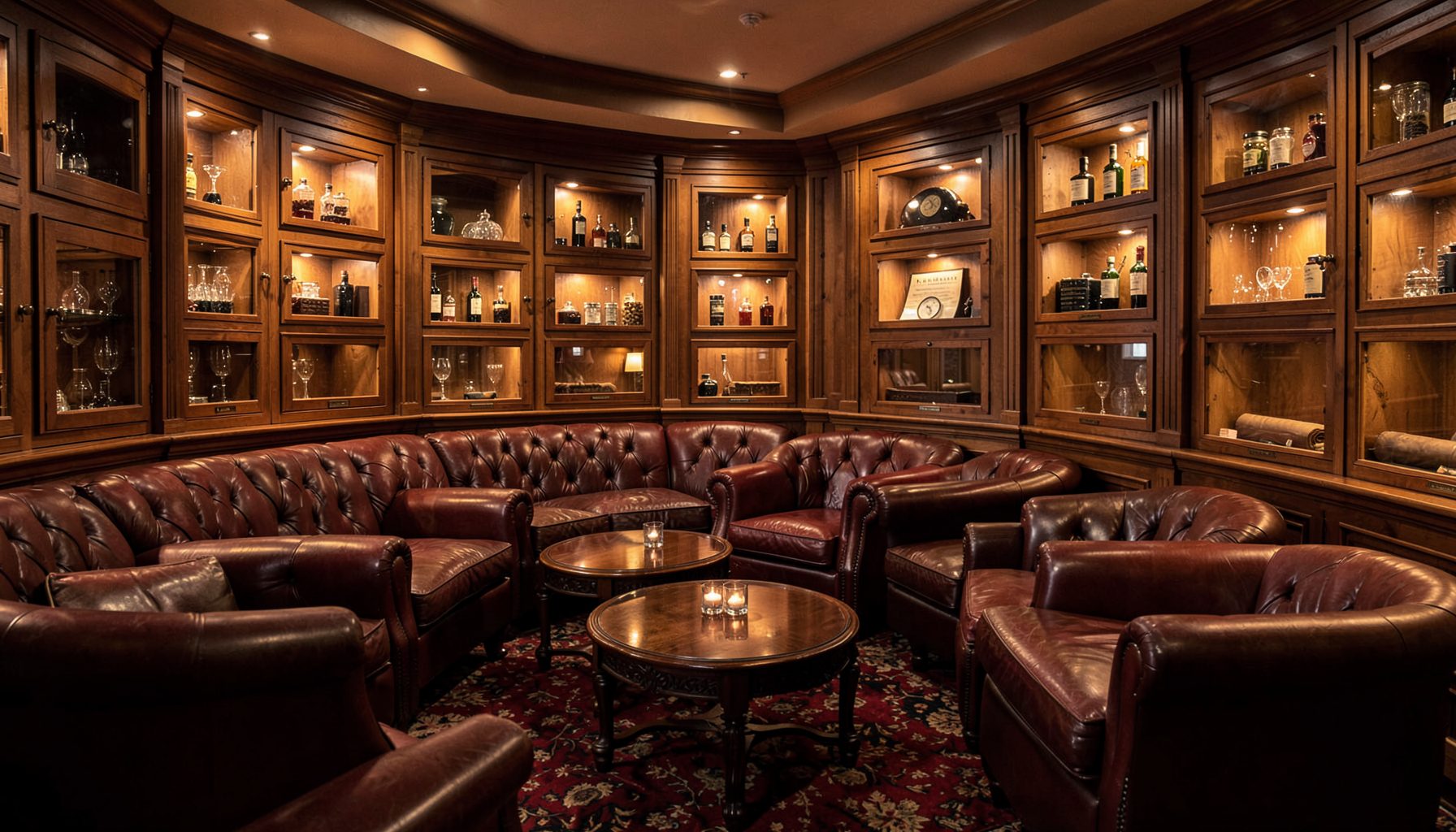 Warm interior of a cozy cigar lounge with leather seating, wooden humidors lining the walls, and soft amber lighting creating a relaxed living-room atmosphere