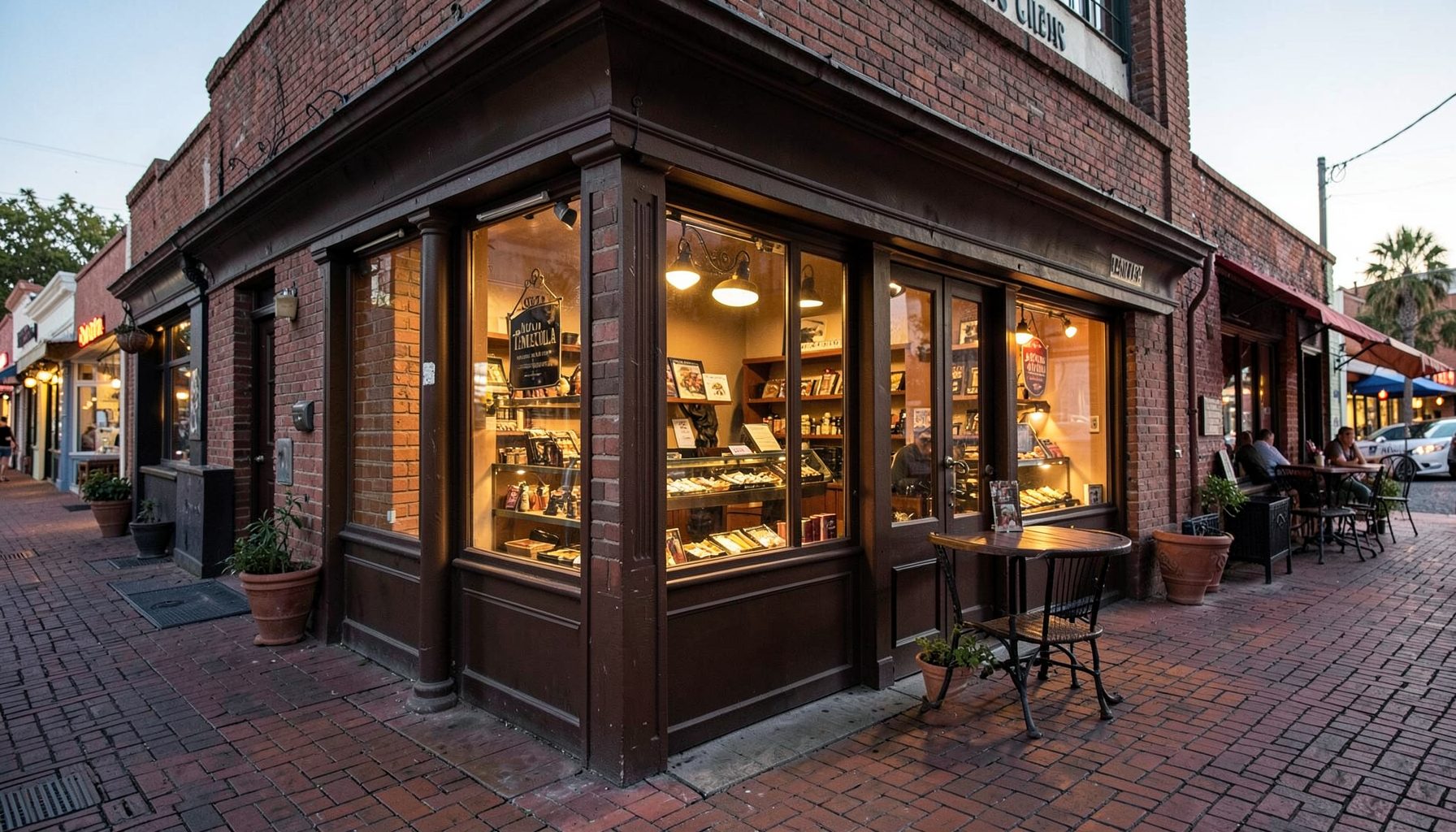 Warm evening light falls on the storefront of a cozy cigar shop along a historic brick-lined street, with a small patio area visible and the glow of Old Town Temecula in the background.