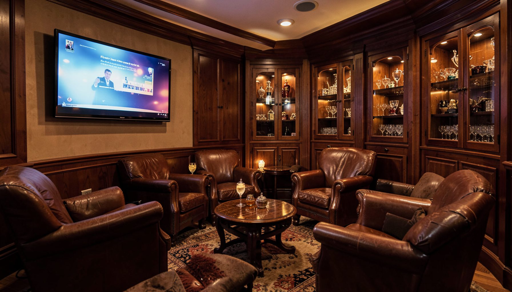 A warmly lit cigar lounge interior with leather armchairs, a glowing flat-screen TV on the wall, and rich wood-toned humidors lining the room — deep browns, amber lighting, and a relaxed, inviting atmosphere.