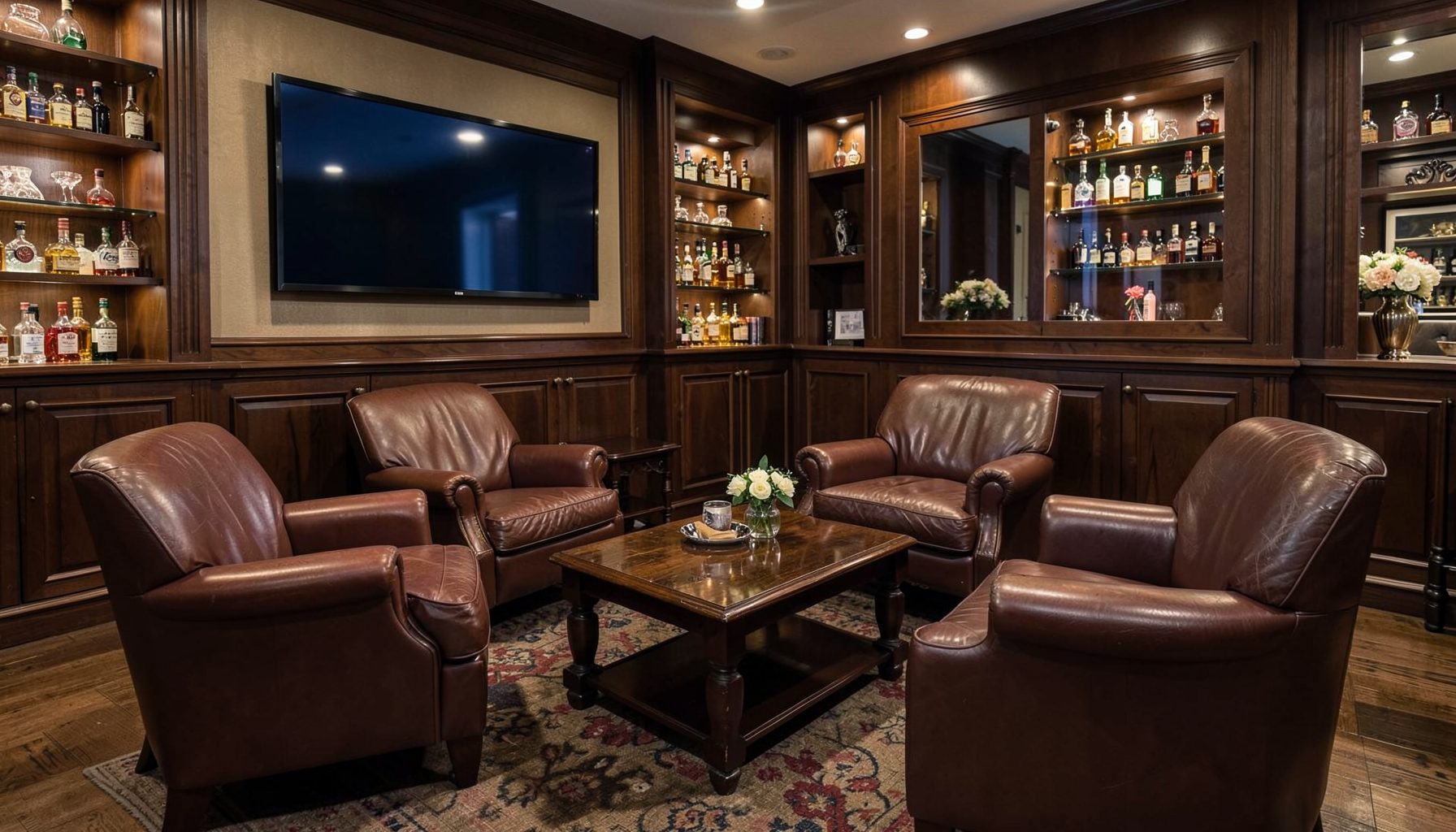Comfortable leather armchairs arranged around a coffee table inside a cigar lounge with a large flat-screen TV on the wall