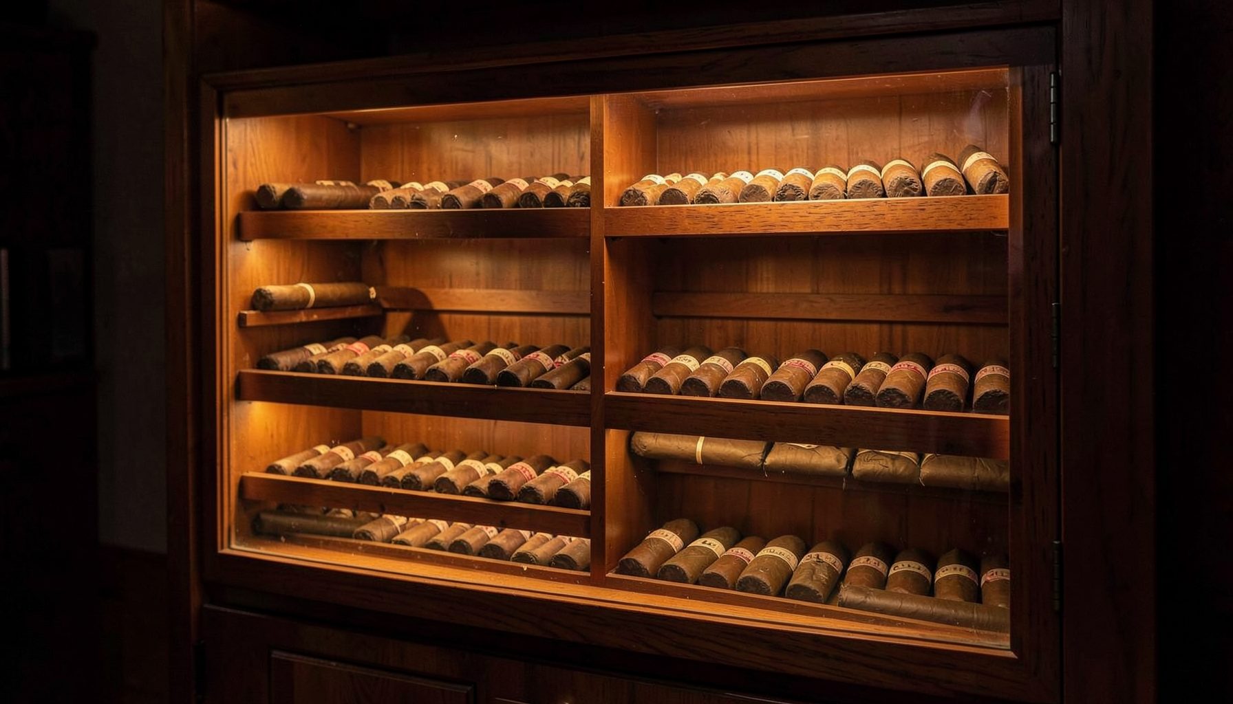 A warmly lit walk-in humidor with rows of cedar shelves holding neatly arranged cigars, rich brown wood tones and soft amber lighting creating a cozy, inviting atmosphere.