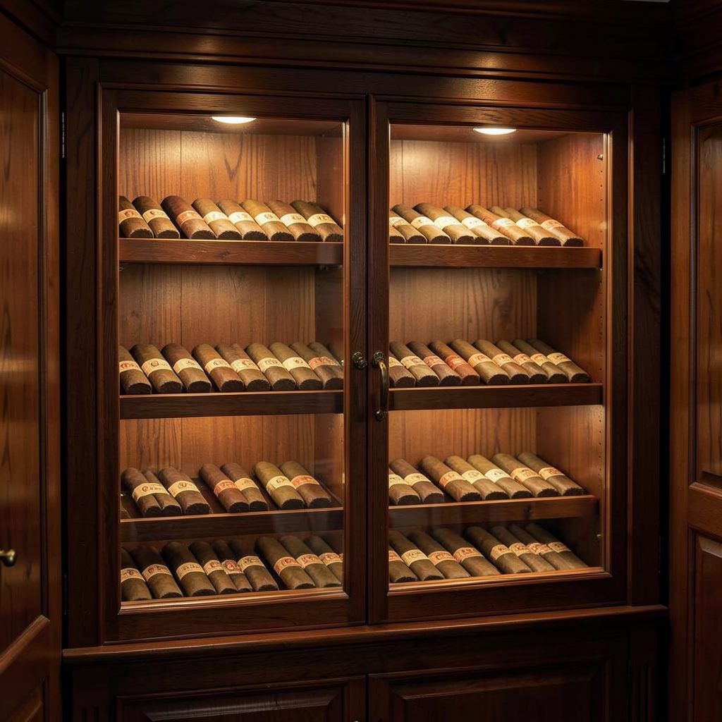 Warmly lit walk-in humidor with wooden shelves lined with cigars, rich brown and cedar tones throughout
