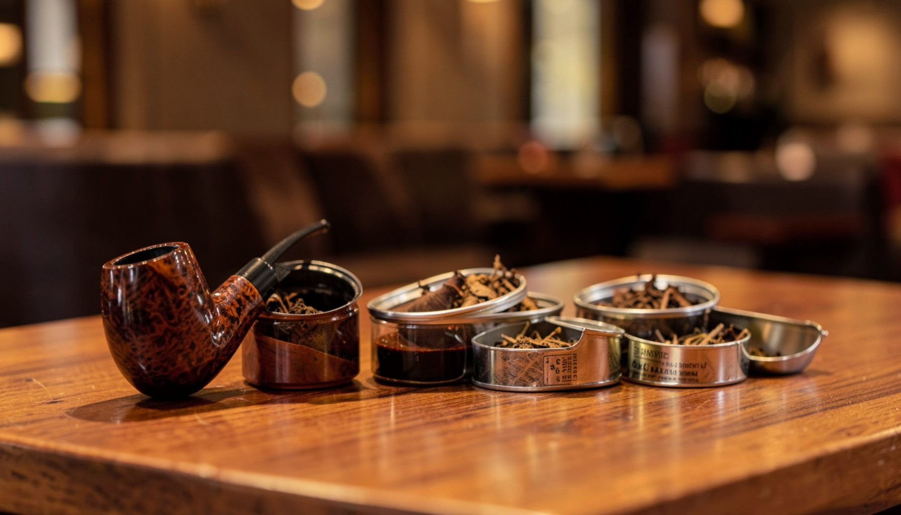 A warm, softly lit wooden countertop displaying several polished briar pipes alongside open tins of pipe tobacco in rich brown and amber tones, with a blurred lounge interior behind.